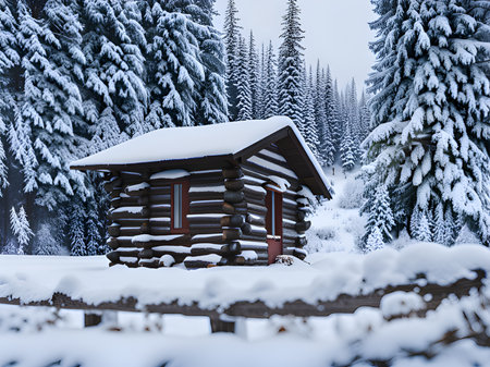 Fantastic winter landscape with glowing wooden cabin in snowy forest. Cozy house in Carpathian mountains. Christmas holiday conceptの素材