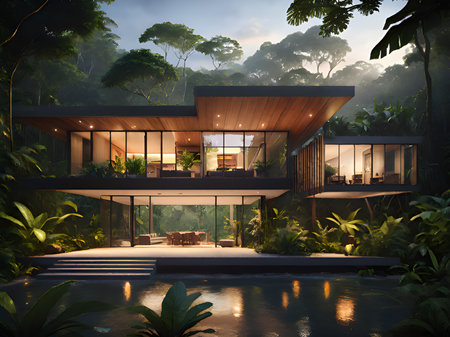 Modern villa with pool, night sceneの素材