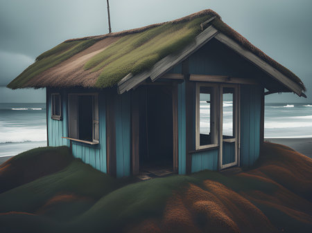 Lonely Black Wooden House at coastlineの素材