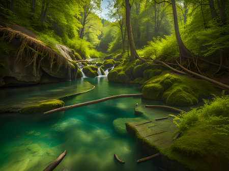 Small waterfall flowing into blue lake surrounded by rocks and green trees growing in forest on sunny dayの素材