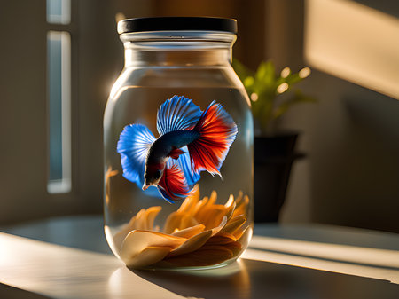 fish in the glass bowl on the tableの素材