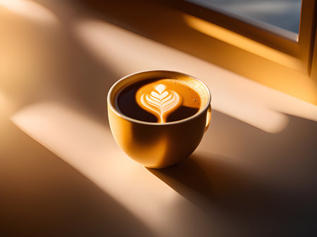 a cup of coffee on the window sillの素材