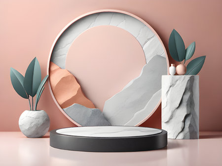 3d illustration of podium with marble background, abstract background.の素材
