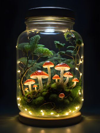 mushrooms in glass jar with lights insideの素材