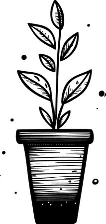 hand drawn illustration of a pot with leaves. black silhouette isolated on whiteの写真素材