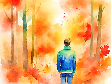 watercolor of man in autumn forestの素材