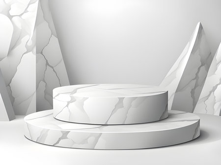 Stones Podium for packaging presentation and cosmetics, a shadow on the wall. 3d illustration.の素材