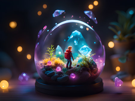 a small figure of a little boy with a glass of light. high quality photoの素材