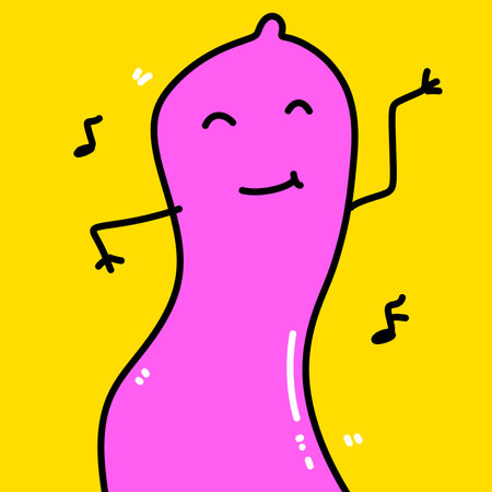 cute smiling dancing pink cartoon character. doodle illustration of kawaii characters isolated on white backgroundの写真素材