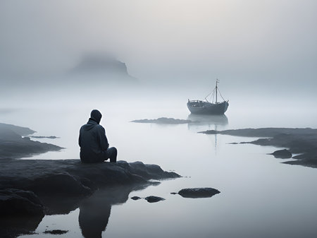 a fisherman is standing on the rocks at a boat in a foggy evening at sunrise.の素材