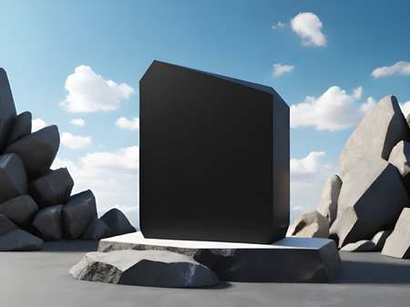 black podium with black stones and mountains. 3d illustration.の素材