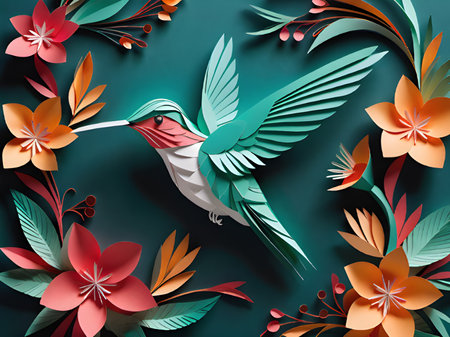 tropical bird and flowers, paper cut styleの素材