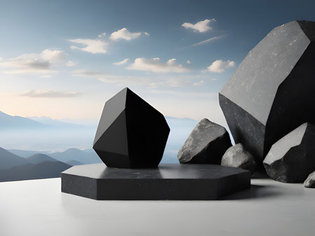 black podium with black stones and mountains. 3d illustration.の素材