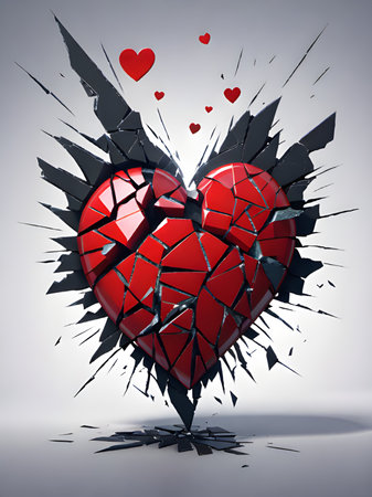 broken glass heart shape on dark background.の素材