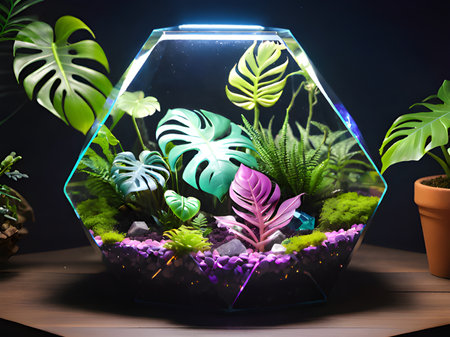 beautiful tropical flowers in a glass vase on the dark backgroundの素材