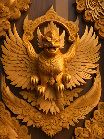 golden garuda sculpture on a wooden backgroundの素材