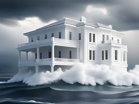 White house in water, tsunami attackの素材
