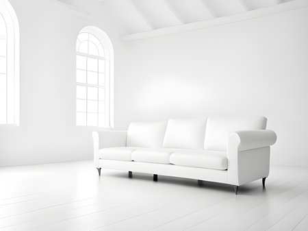 Poster above white cabinet with plant next to grey sofa in simple living room interiorの素材