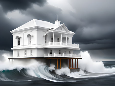 White house in water, tsunami attackの素材