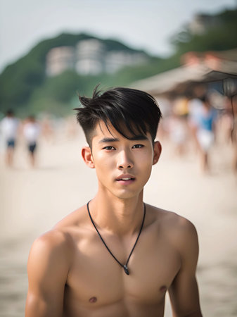 young asian man with a beautiful body in the beachの素材
