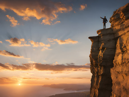 a vertical shot of a man standing on a cliff and enjoying the beautiful sunsetの素材