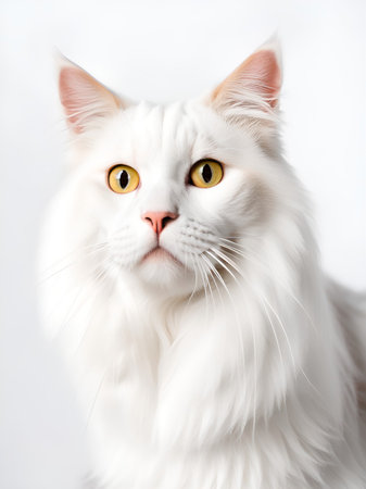 close up view of cute domestic cat on white backgroundの素材