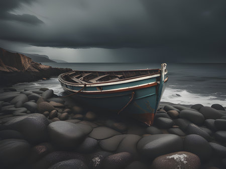 a vertical shot of a boat with stormy cloudy dark backgroundの素材