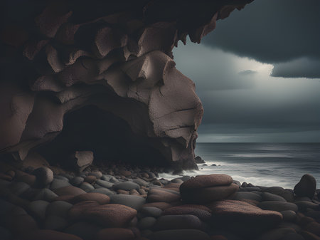 a closeup shot of a black rock with a large stone in the dark under cloudy skyの素材
