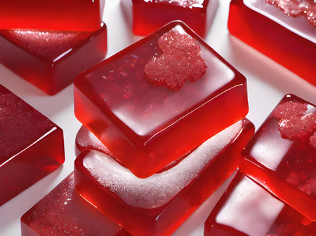 red soap with ice cubes on black backgroundの素材
