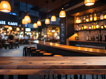 wooden table in the night cityの素材