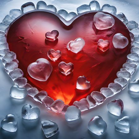 red heart with ice cubes on dark background. valentines day card.の素材