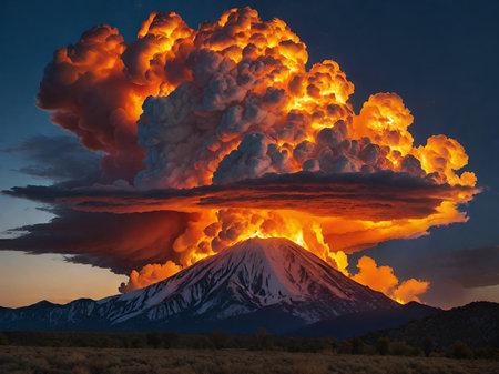 a beautiful shot of a volcano in the middle of a field during sunsetの素材