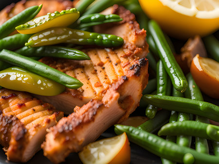 grilled chicken with asparagus and potatoes, close - upの素材