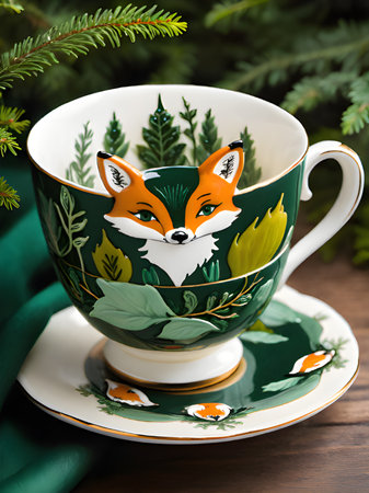 christmas cup of tea and a foxの素材