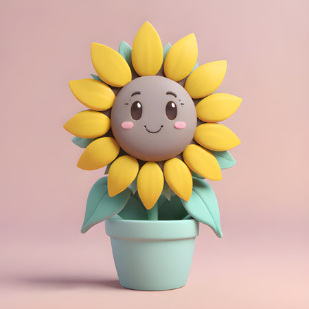 cute cartoon flower with a pot isolated on a yellow backgroundの素材