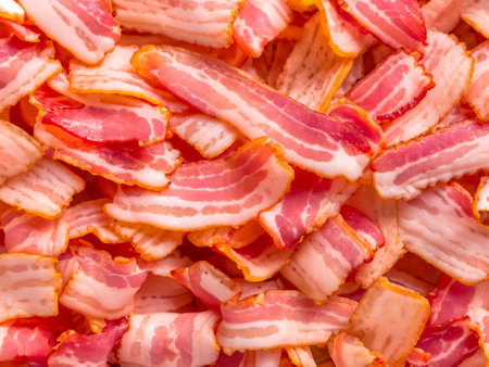 fresh crispy bacon on a white background. top view.の素材