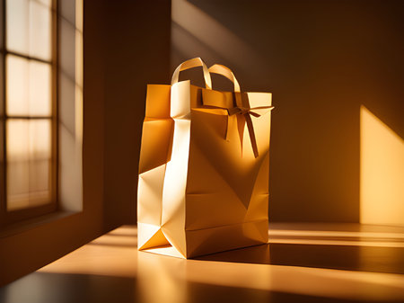 shopping bag on wooden table against blurred backgroundの素材