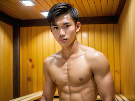 portrait of handsome young asian man in sauna roomの素材