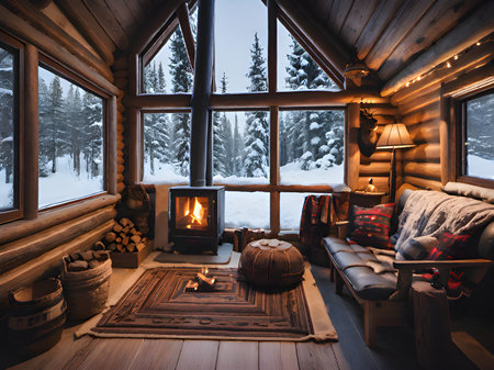 wooden house with burning candles in snowy mountainsの素材