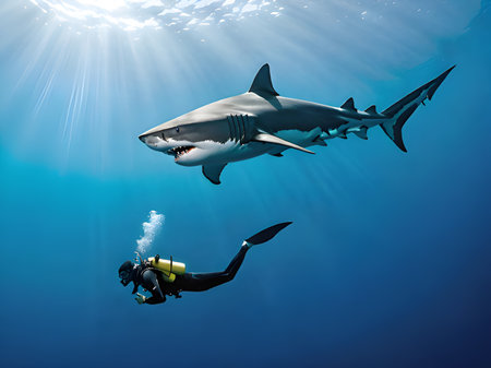 shark swimming with shark underwater in the oceanの素材