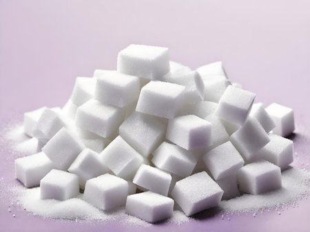 white sugar cubes isolated on a pink ackground.の素材