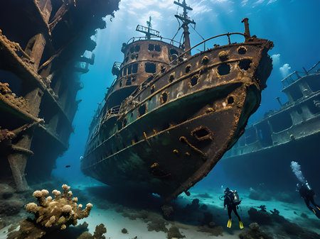 a beautiful shot of a underwater scene with a abandoned shipの素材
