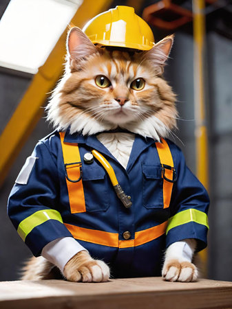 a cat wearing a hard hat and a construction outfitの素材