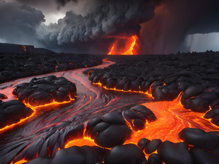 a volcano eruptied from a lava flowの素材
