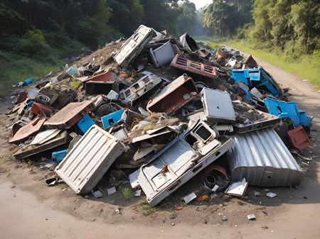 a pile of old electronics sitting on top of a dirt fieldの素材