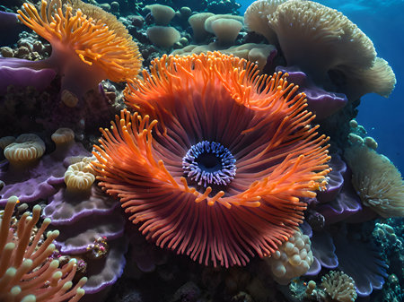 a colorful coral reef with a purple flowerの素材