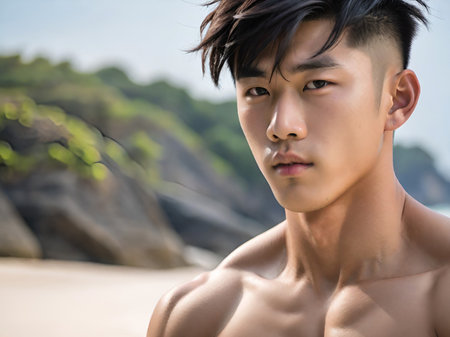 a man standing on a beach next to the oceanの素材