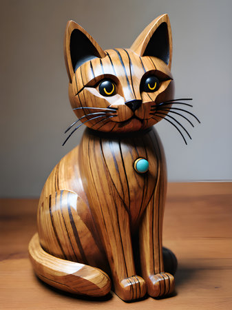 a wooden cat sitting on a tableの素材