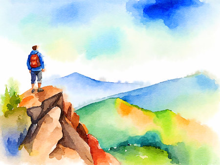 a man standing on a mountain looking at the valleyの素材