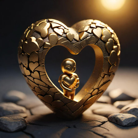 a golden heart sitting on a bed of rocksの素材
